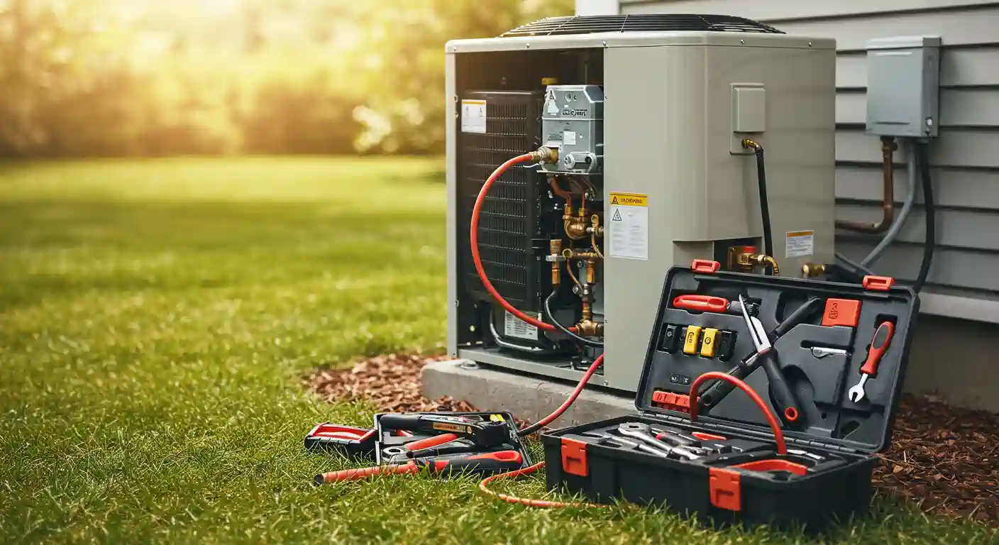  A horizontal, medium-wide shot shows an outdoor heat pump unit placed on a concrete pad on a green lawn. The side panel of the unit is open, revealing the internal components and a network of copper pipes. A red hose is connected to the unit, suggesting a diagnostic or service procedure. In the foreground, two toolboxes are open on the grass. The larger, black toolbox with red trim contains various pliers, wrenches, and other tools neatly organized. The smaller toolbox is also open, with tools spilling out. The background is a bright, sunlit lawn and the gray siding of a house.