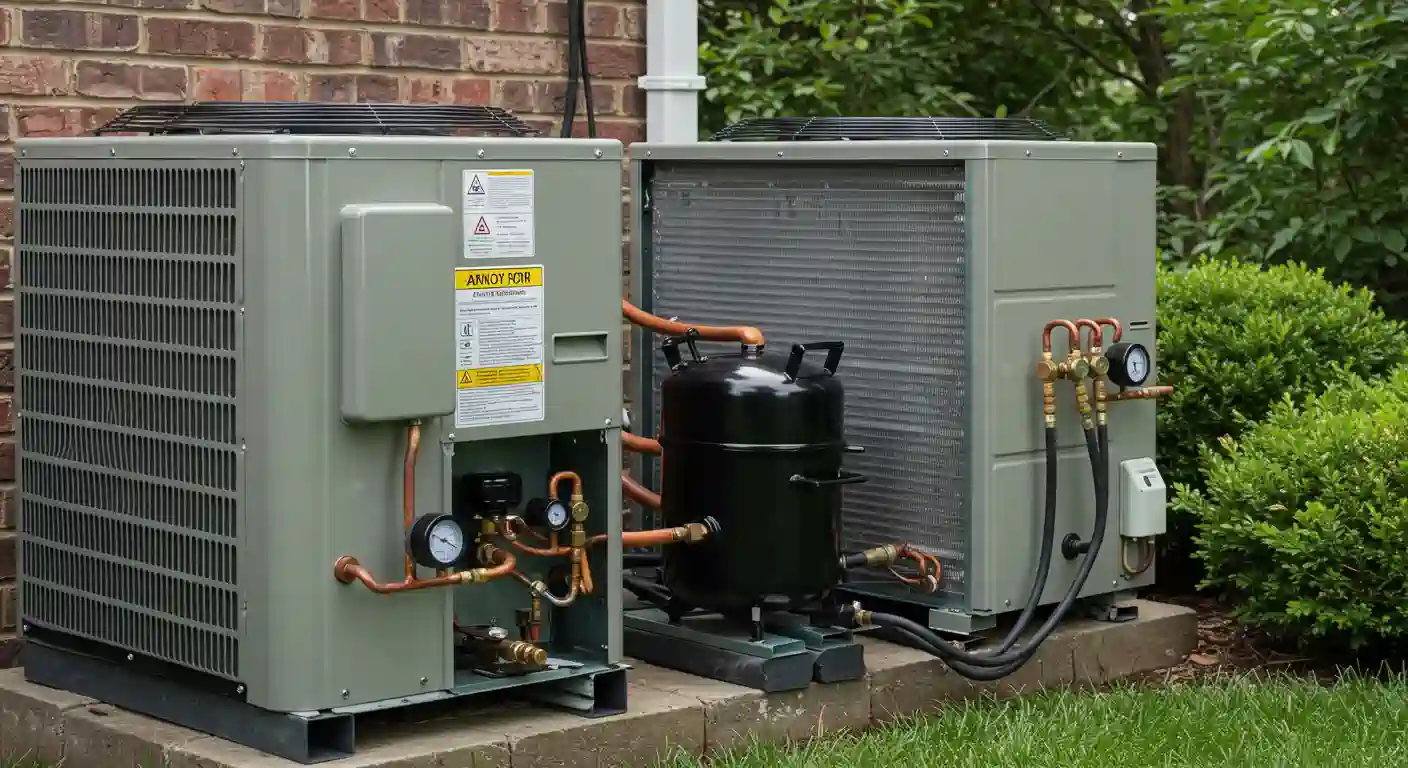  A wide, horizontal shot shows two outdoor heat pump units installed side-by-side on concrete pads. The unit on the right has its cover removed, revealing a large condenser coil and a black, cylindrical compressor at the base. The compressor is connected by a network of copper pipes and fittings. A set of gauges and a black hose are attached to the pipes, indicating a technician is performing a pressure check or other diagnostic test. The unit on the left is fully intact, showing its fan grille and various labels. Both units are positioned against a red brick wall, and the surrounding area is a green lawn and bushes.