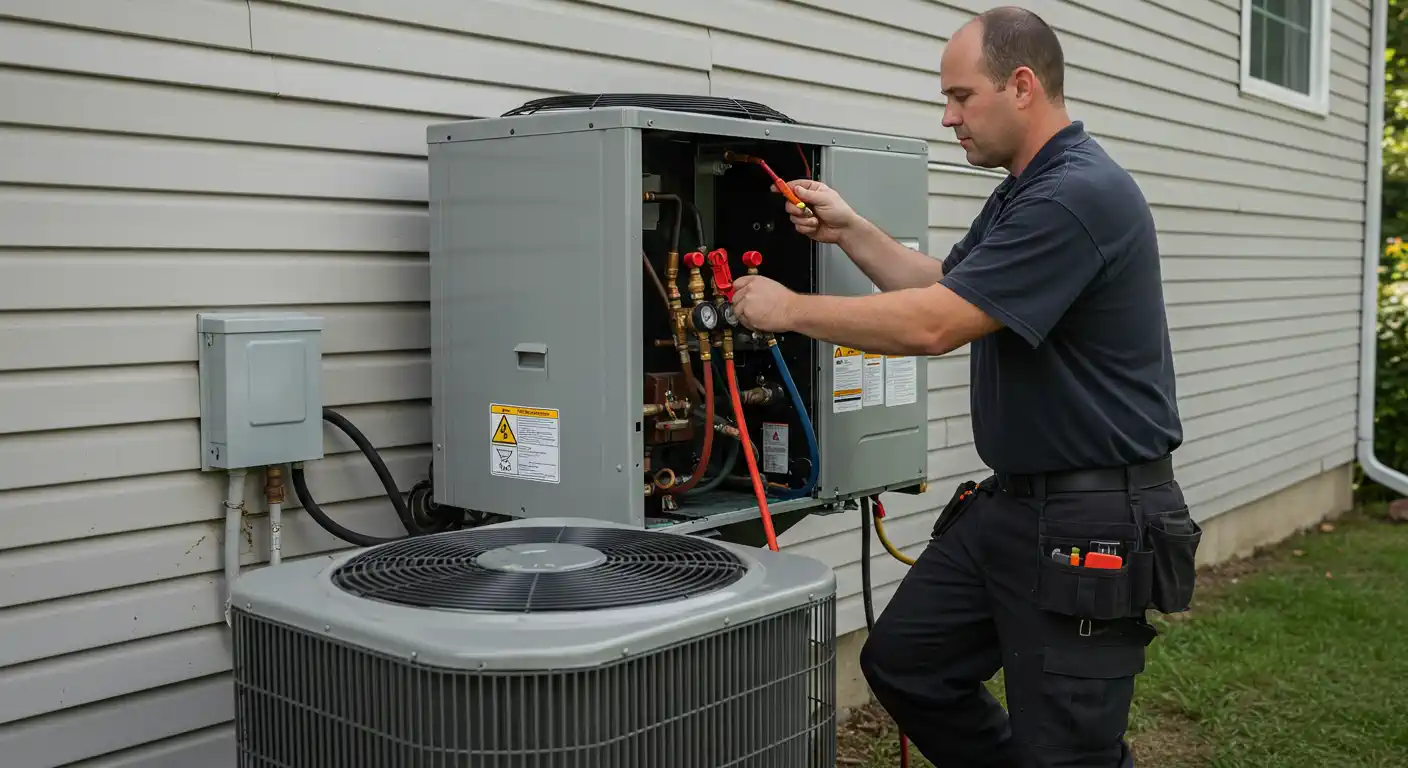  A wide, horizontal image shows a male technician in a dark polo shirt and black cargo pants with a tool belt, working on two outdoor heat pump units. He is standing and leaning over to service the unit on the right, which has its side panel removed, revealing a complex network of copper pipes and red and blue hoses connected to them. He is holding a tool to adjust a valve. The other heat pump unit is visible in the foreground to the left. Both units are positioned against the gray vinyl siding of a house. The background shows a green lawn and a portion of the house.