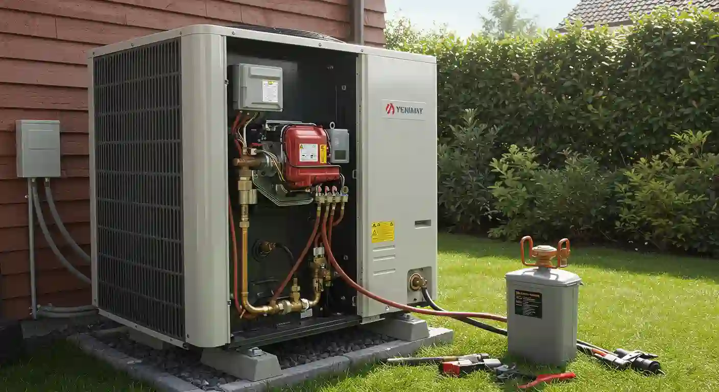  A three-quarter view of a heat pump unit with its side panel removed, revealing a red compressor and an intricate network of copper pipes and wiring. The unit, which has the "YEMMAY" brand logo, is situated on a gravel bed next to a house with red siding and a manicured hedge. A gray and yellow refrigerant tank is connected to the unit by a red hose, indicating a refilling or servicing process. Tools and other equipment are visible on the ground beside the tank.
