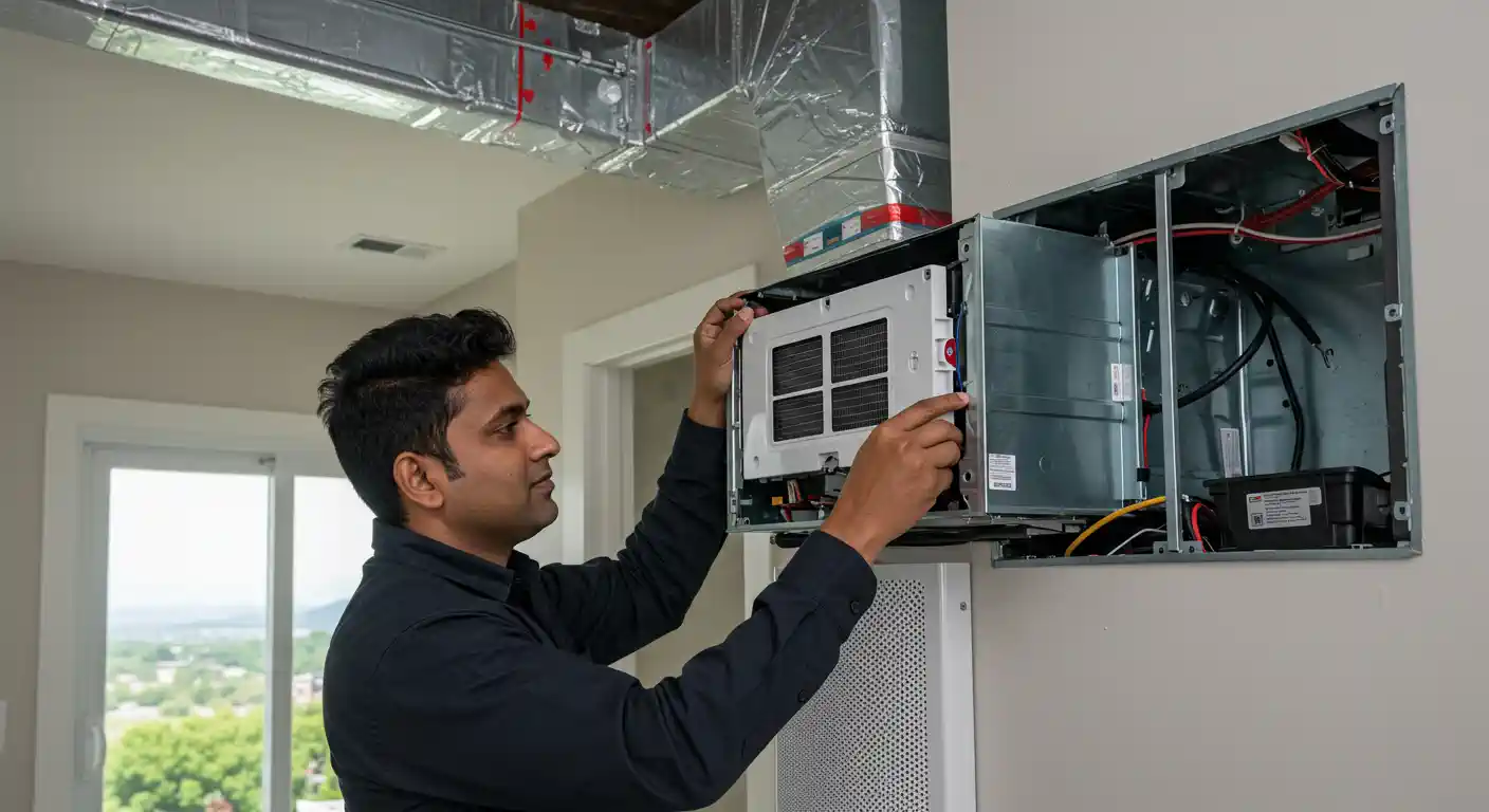  A close-up of a technician installing a new air quality product into a pre-existing ventilation system. The technician is wearing a black collared shirt and is carefully inserting the white air quality product into the ductwork opening in a wall. The product has a grate on the front. Wires and the internal components of the ventilation system are visible within the wall. In the background, a white ceiling and walls with exposed metal ductwork are visible. A window in the far background provides a view of a town nestled in a valley with mountains in the distance.