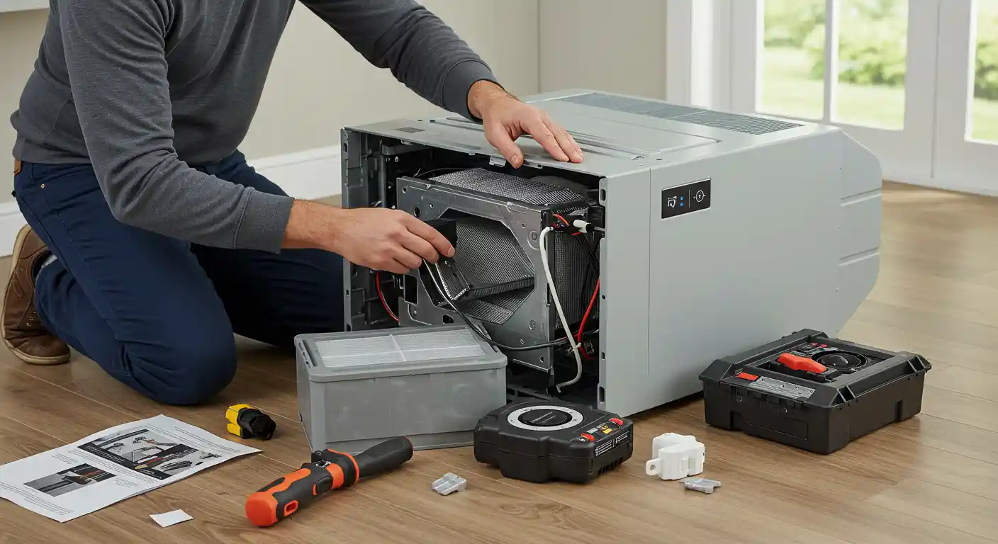 A close-up of a technician working on an air quality unit on the floor. The technician is wearing a gray sweater and dark blue pants. They are kneeling and using their hands to adjust the wiring on the air quality unit. The gray unit is open, revealing the internal components, including a fan and filter. Several tools, including a screwdriver, wire nuts, a filter, and a user manual, are laid out on the light brown hardwood floor around the unit. A window is visible in the background.