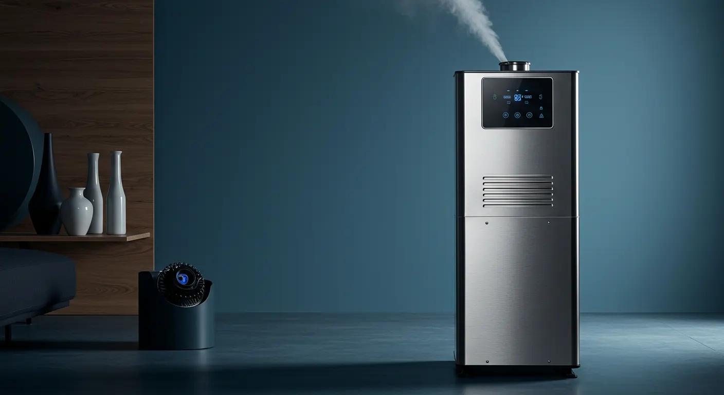 A modern, stainless-steel-colored whole-home humidifier is standing in a room with dark blue walls. The humidifier is tall and rectangular, with a horizontal grate on the lower half and a digital control panel on the upper half. A stream of white mist is being emitted from the top of the unit. To the left of the humidifier, a smaller, dark gray cylindrical unit is visible. In the far left of the image, there is a wooden shelf mounted on the wall with three white decorative vases. The floor is a dark gray color.