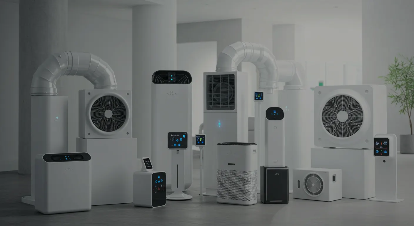  A product shot of a collection of various white air purifiers and HVAC units on a gray concrete floor. There are large square and rectangular units with exposed fans and ductwork, as well as smaller, more sleek residential-style air purifiers of various shapes and sizes. Some of the units have blue-lit digital displays. The background is a clean, modern, and minimalist indoor space with large white columns. There is a small plant on the right side of the image. The image is lit from above, giving it a bright and professional feel.