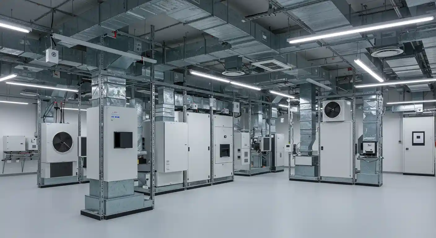 A clean, well-lit, industrial room with a large number of modern white HVAC and air quality units. The units are tall, rectangular, and connected by a complex system of exposed shiny metal ductwork that hangs from the white ceiling. The room is very large and looks like a showcase or a test facility, with the units arranged in rows. The floor is a smooth, light gray color. There are multiple rectangular overhead lights and recessed lights in the ceiling. The overall impression is one of a professional, high-tech environment.