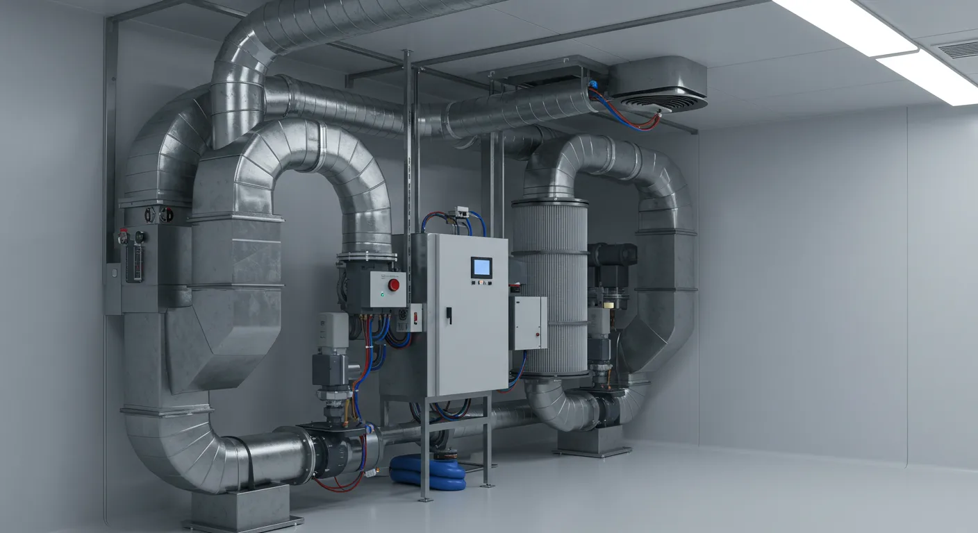  A large, industrial HVAC system with multiple shiny metal ducts and pipes connected in a complex arrangement. The system is located in a clean, white room with smooth walls and a white floor. In the center of the image, there is a large, white electrical box with a digital control panel. The system has red and blue wires visible, and a large cylindrical filter. The overall look is very clean and modern.