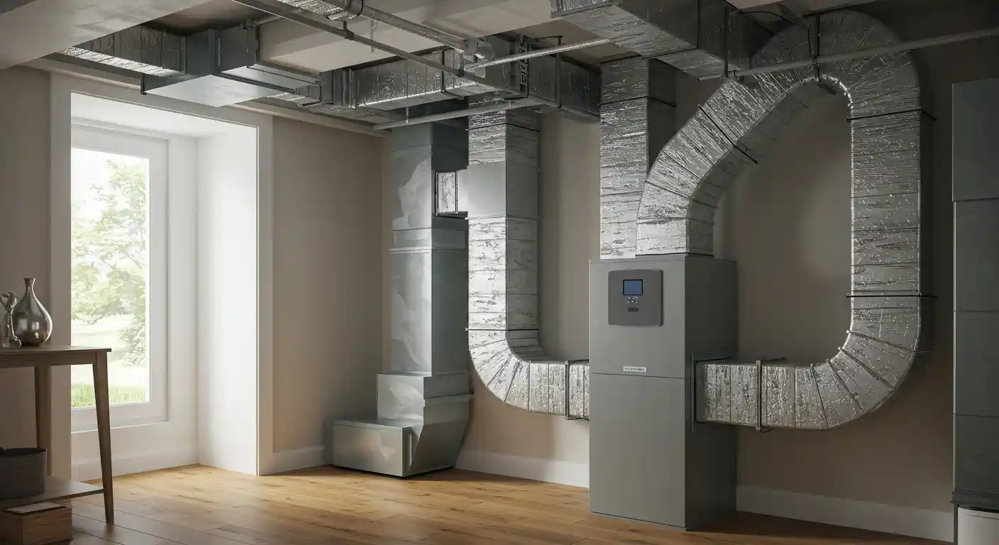  A large, modern whole-house air filtration unit stands in a room with a wooden floor and a window. The unit is a tall, gray box with a digital display and is connected to a complex system of large, silver-colored air ducts that run vertically up the wall and horizontally across the ceiling.