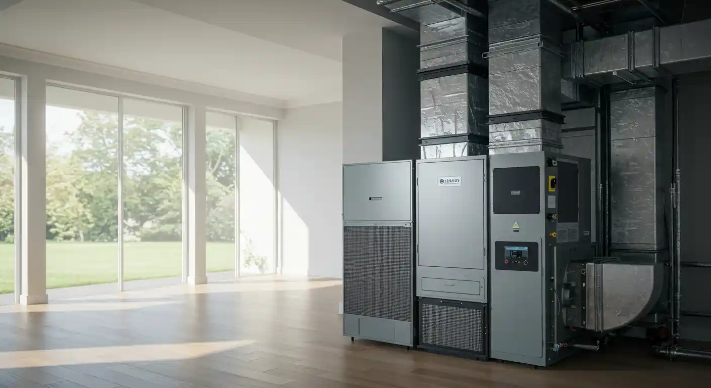 An interior photo of a spacious, modern room with light wood floors and large windows showing a view of a lush outdoor area. In the foreground, against a wall, stands a large, multi-component whole-house HVAC and air filtration system. The system consists of several interconnected, grey metal units with grates and control panels. Exposed silver ductwork is visible, connecting the system to the building's infrastructure.