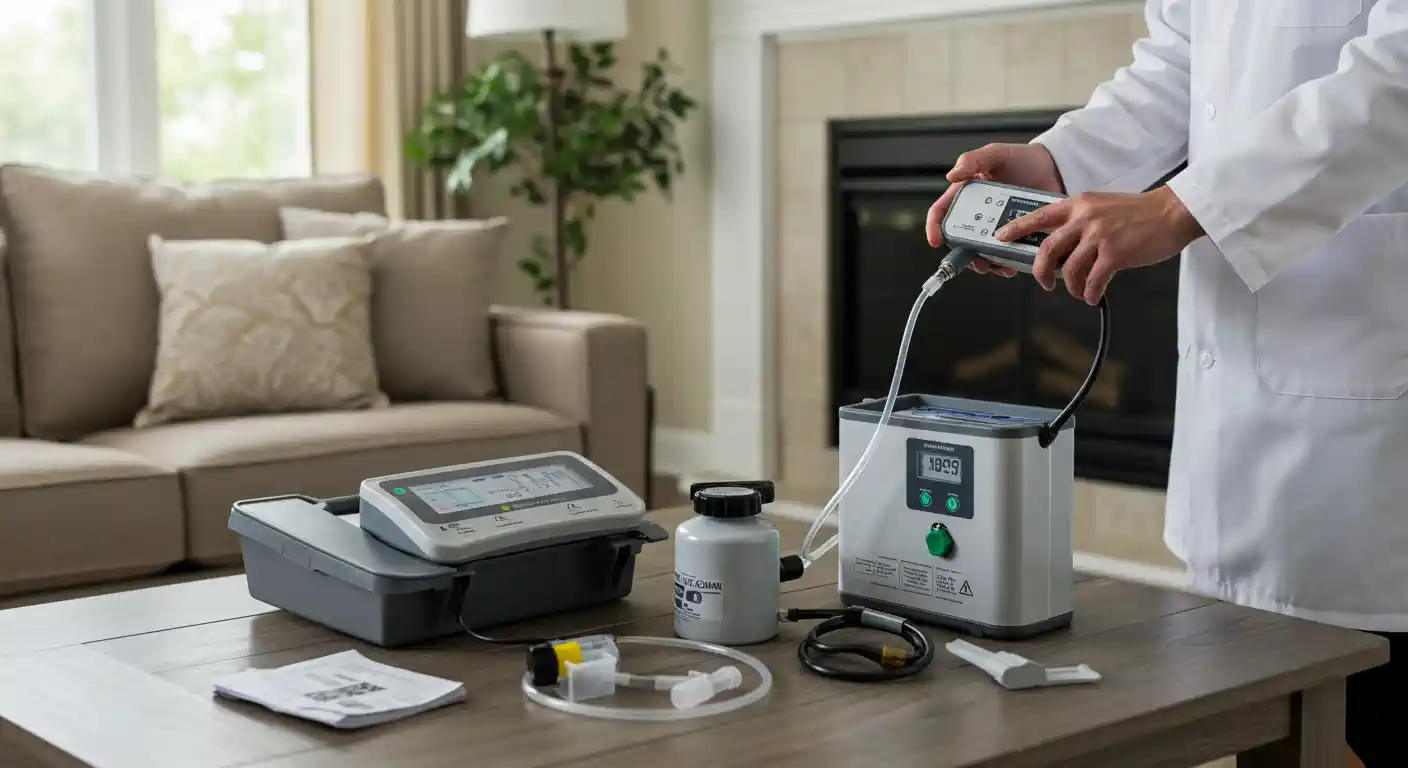 A person in a white lab coat is holding and adjusting a piece of indoor air quality testing equipment. The device is connected by a tube to a larger, grey-and-white machine with a digital display showing the number "1929". Various other components, including a smaller, grey carrying case-like device with a screen, a white bottle, and other tools, are laid out on a wooden table. The background shows a comfortable living room with a fireplace, a sofa, and potted plants.