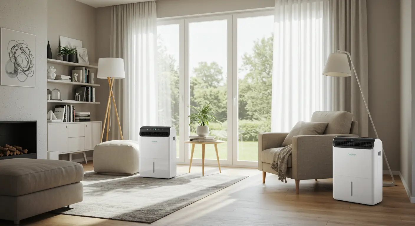  A modern, well-lit living room with two white, portable dehumidifier units. One unit is positioned in the center of the room, and the other is next to a light-colored armchair on the right. The room features a large window with white curtains, a fireplace, a bookshelf, and neutral-toned furniture.