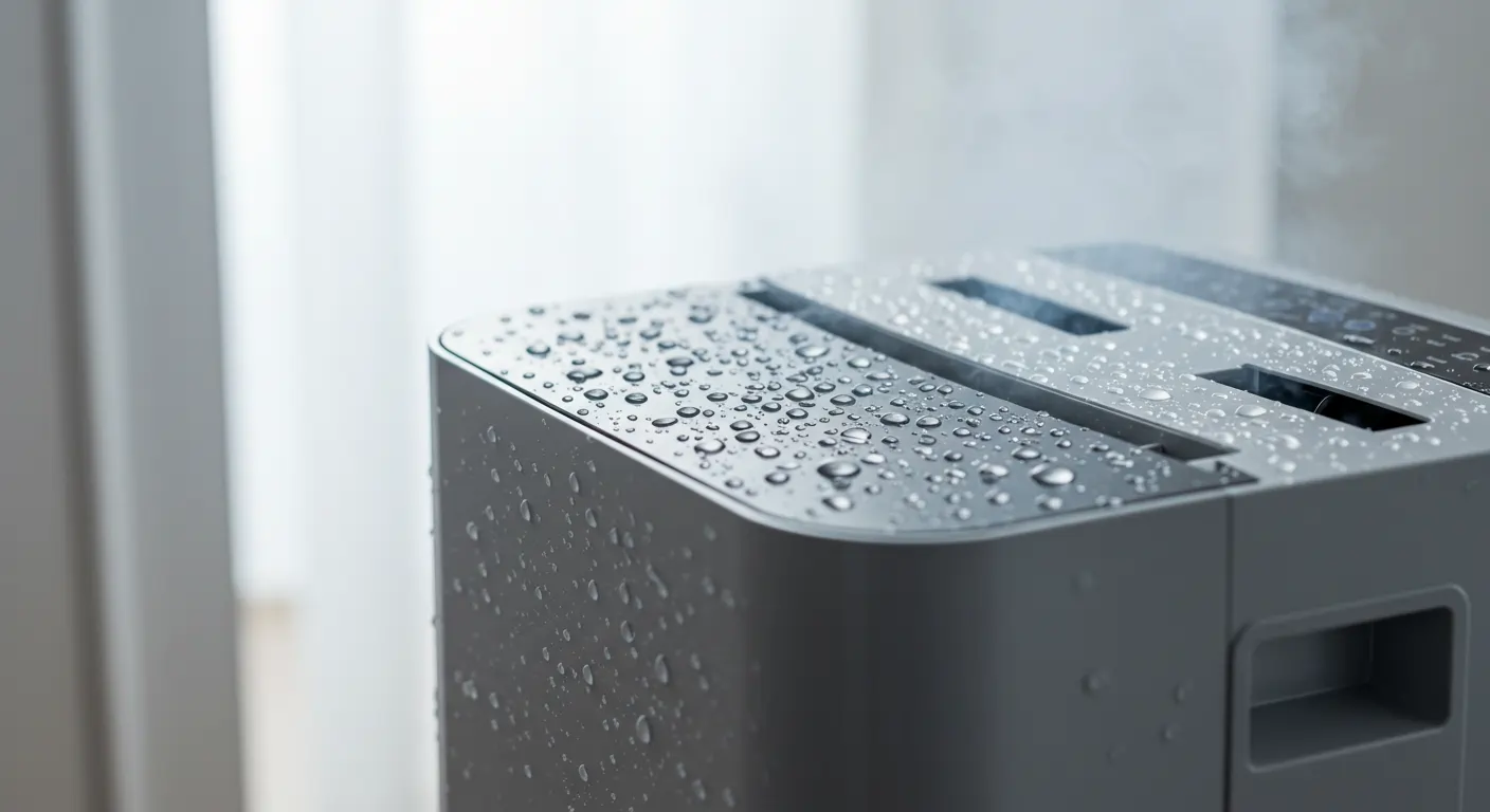  A close-up shot of the top of a gray dehumidifier. The surface is covered in numerous water droplets, visually representing the condensation collected by the machine.