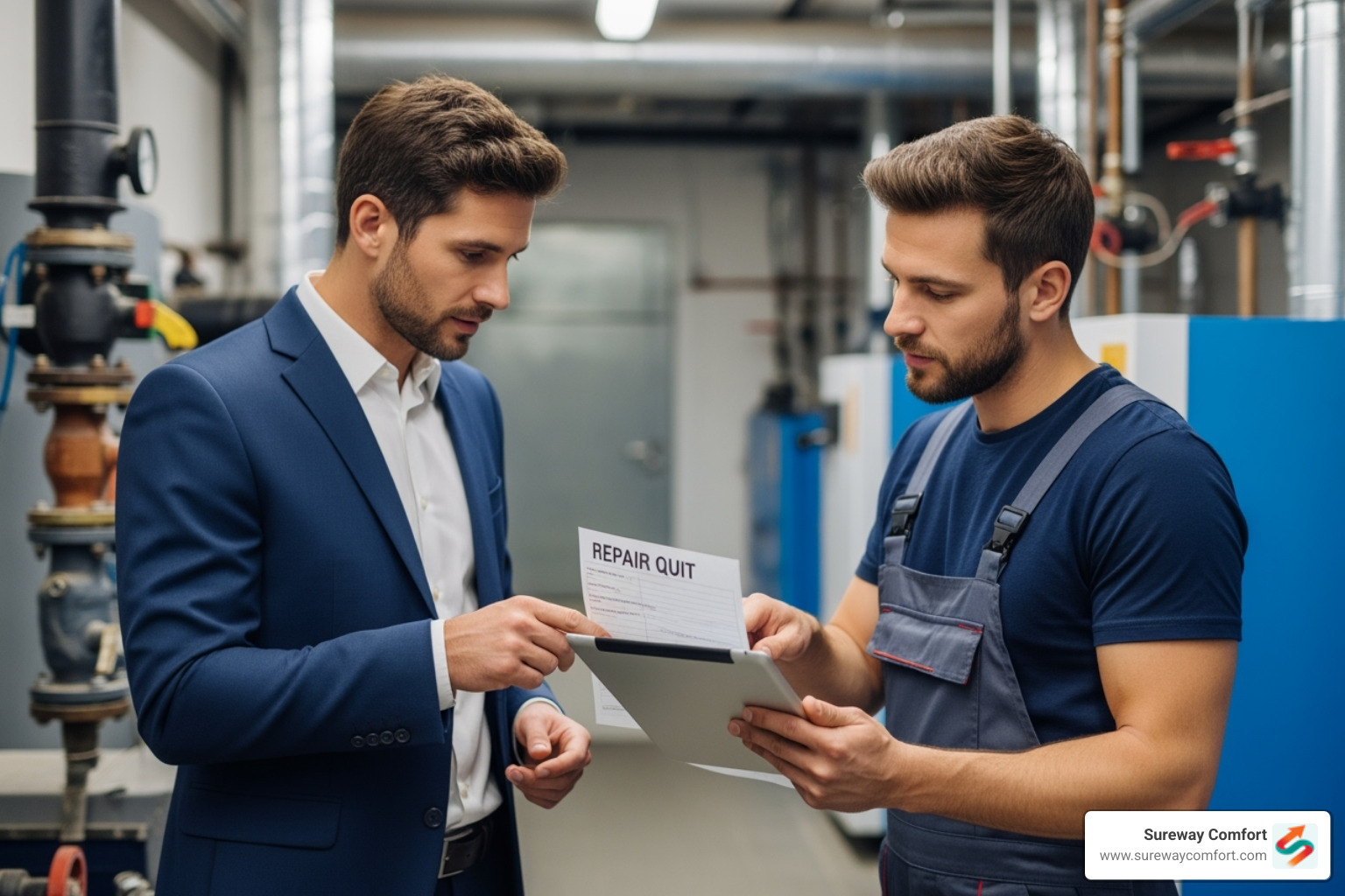 a business owner reviewing a repair quote with a technician - commercial boiler repair