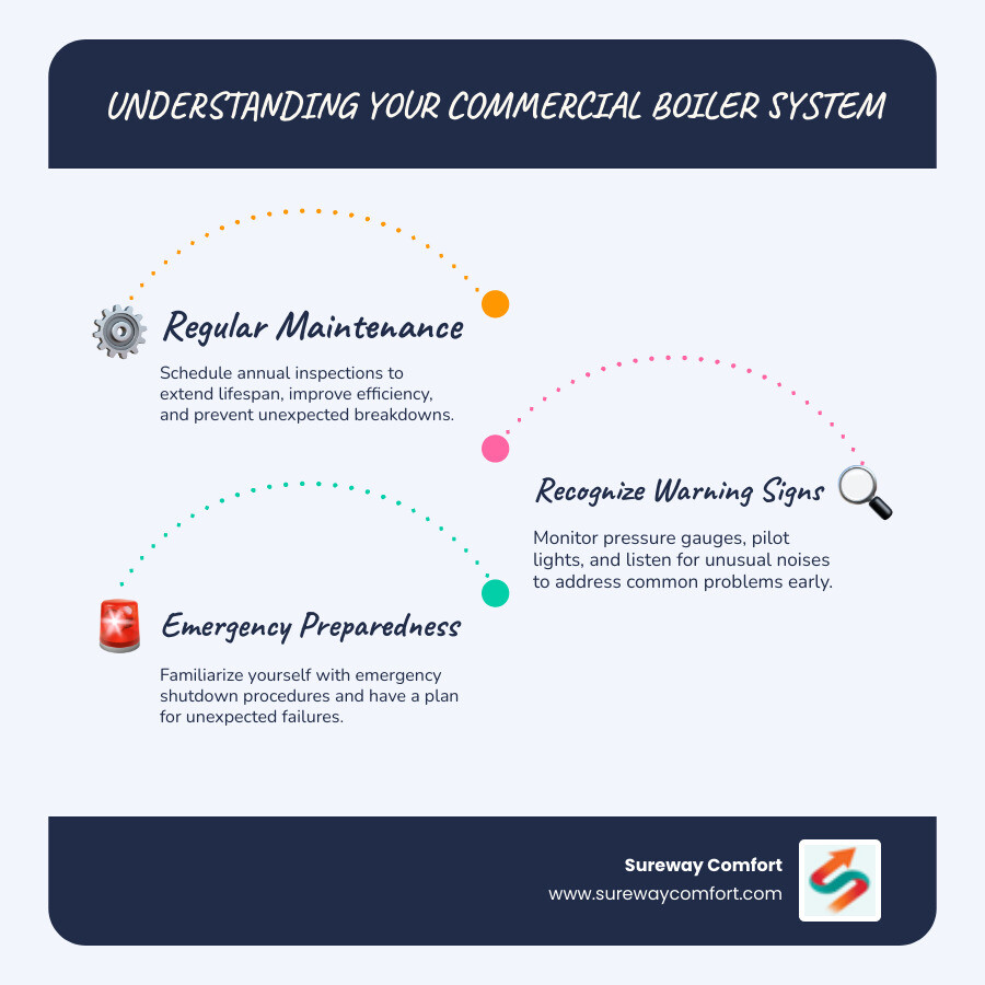 Commercial boiler system components and maintenance schedule showing annual inspections, common problem areas like pressure gauges and pilot lights, and emergency shutdown procedures - commercial boiler repair infographic infographic-line-3-steps-blues-accent_colors