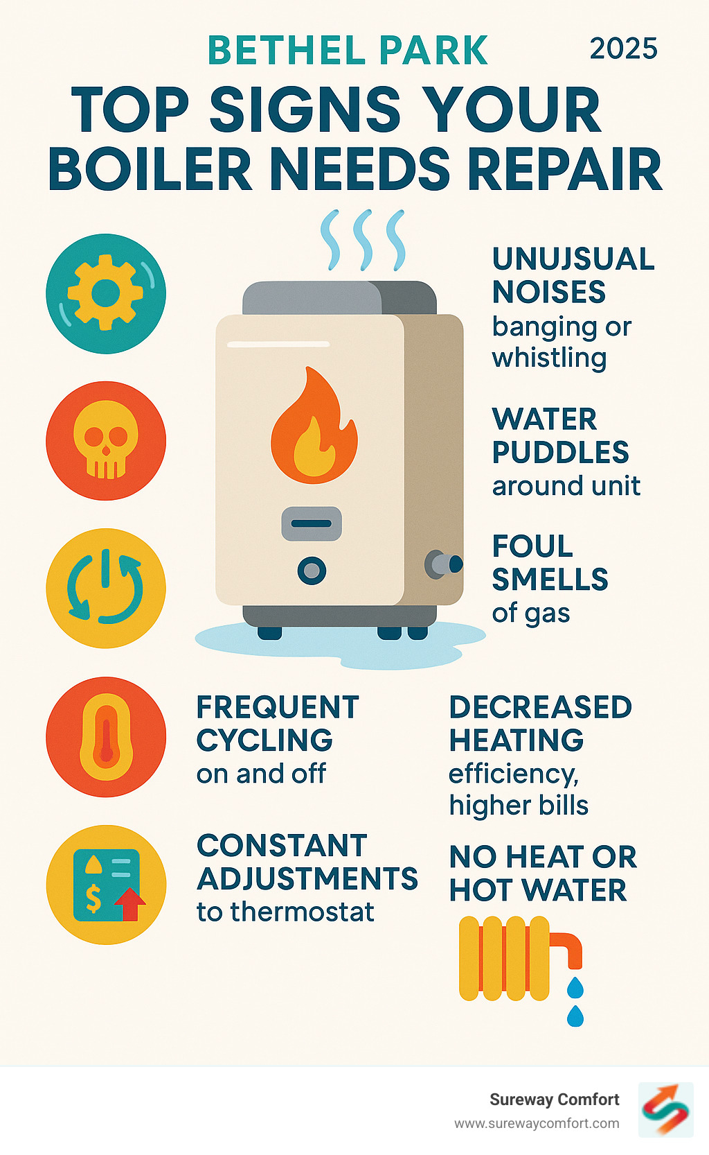 Infographic showing 7 warning signs your boiler needs repair: unusual noises like banging or whistling, water puddles around unit, foul gas smells, frequent on-off cycling, constant thermostat adjustments needed, decreased heating efficiency with higher bills, and no heat or hot water production - Boiler repair Bethel Park infographic 