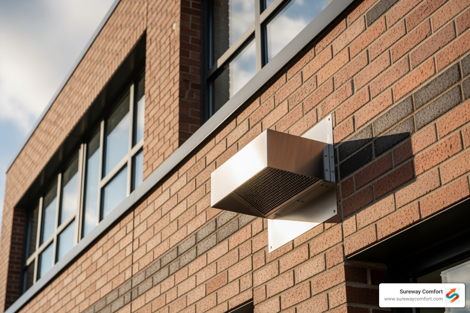 A sidewall vent termination on a commercial building - tankless water heater venting A sidewall vent termination on a commercial building - tankless water heater venting