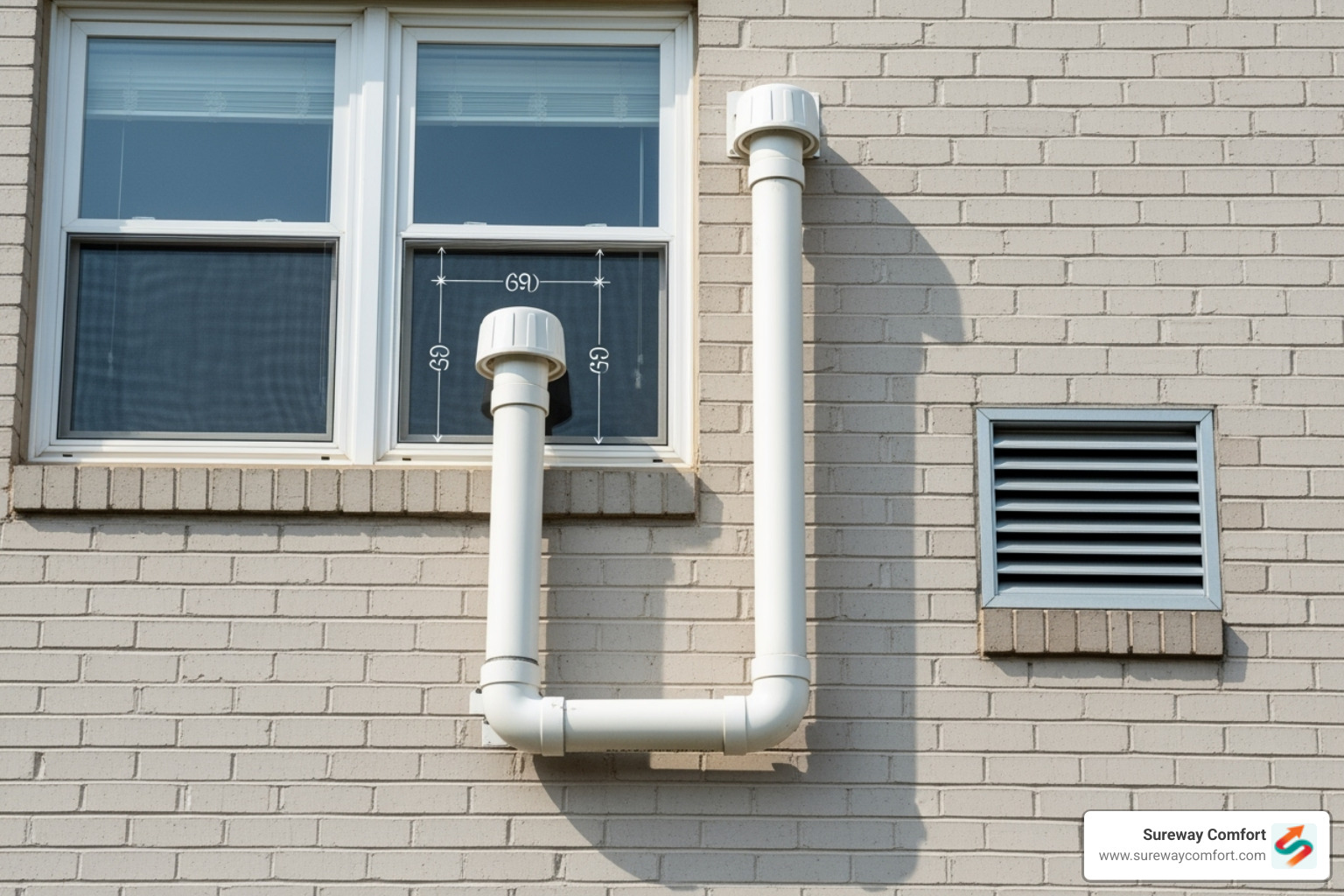 Image illustrating proper vent termination clearances from windows and air intakes - tankless water heater venting Image illustrating proper vent termination clearances from windows and air intakes - tankless water heater venting