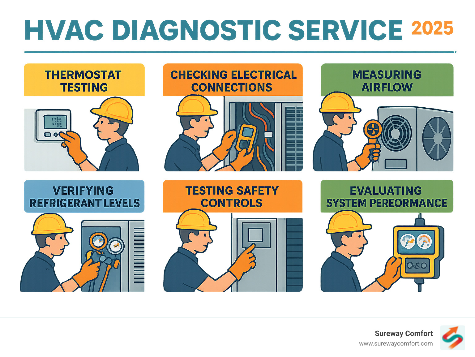 Professional HVAC diagnostic process showing systematic inspection steps including thermostat testing, electrical connection checks, airflow measurement, refrigerant level verification, safety control testing, and comprehensive system performance evaluation with specialized diagnostic tools - hvac diagnostic service infographic 