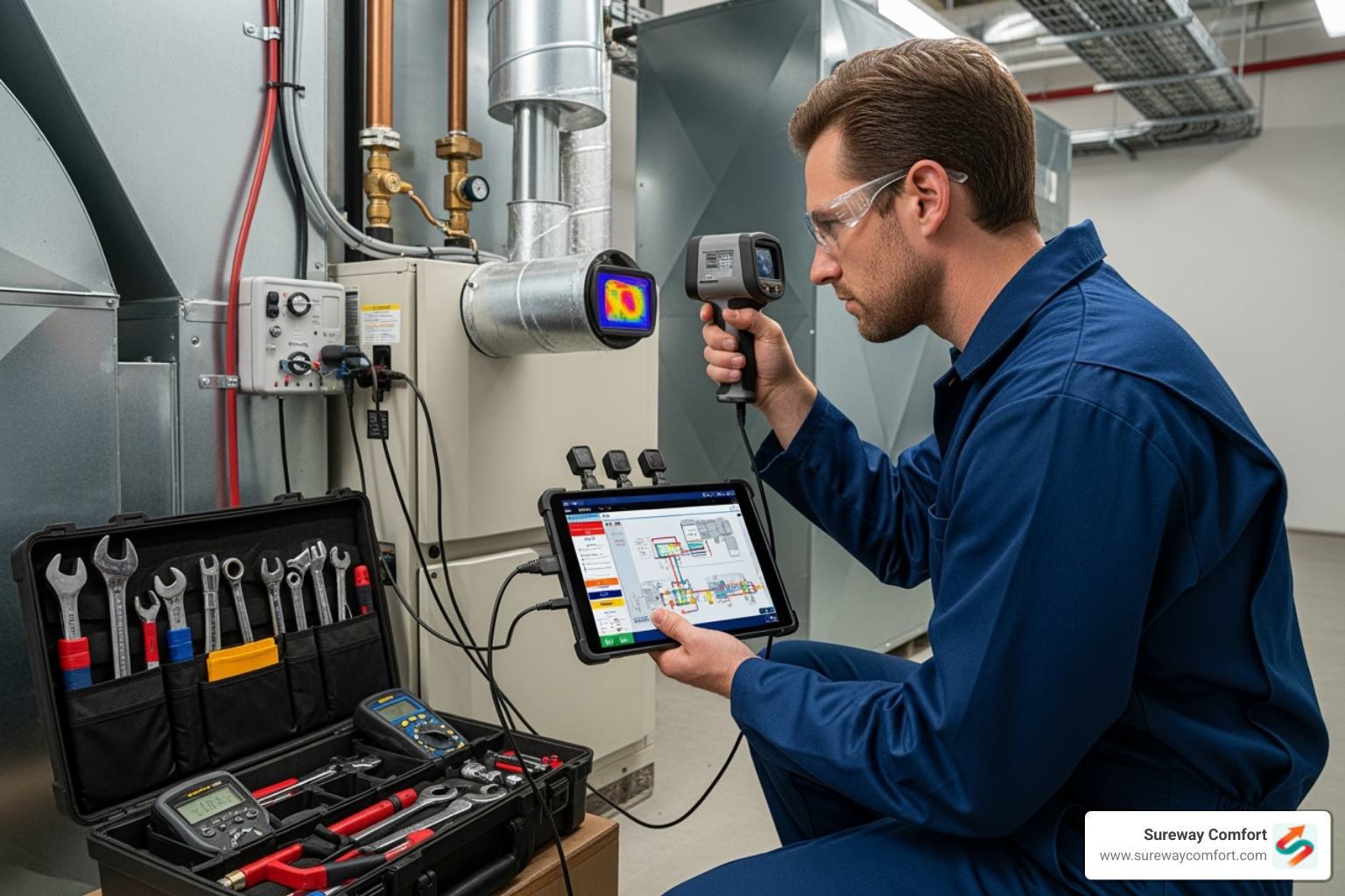 Technician using advanced diagnostic equipment - hvac diagnostic service