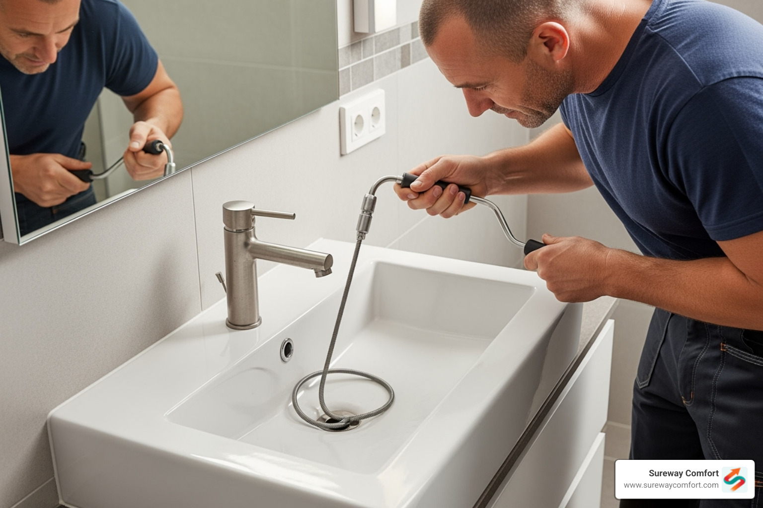 Plumber using a drain snake in a bathroom sink - drain cleaning canonsburg