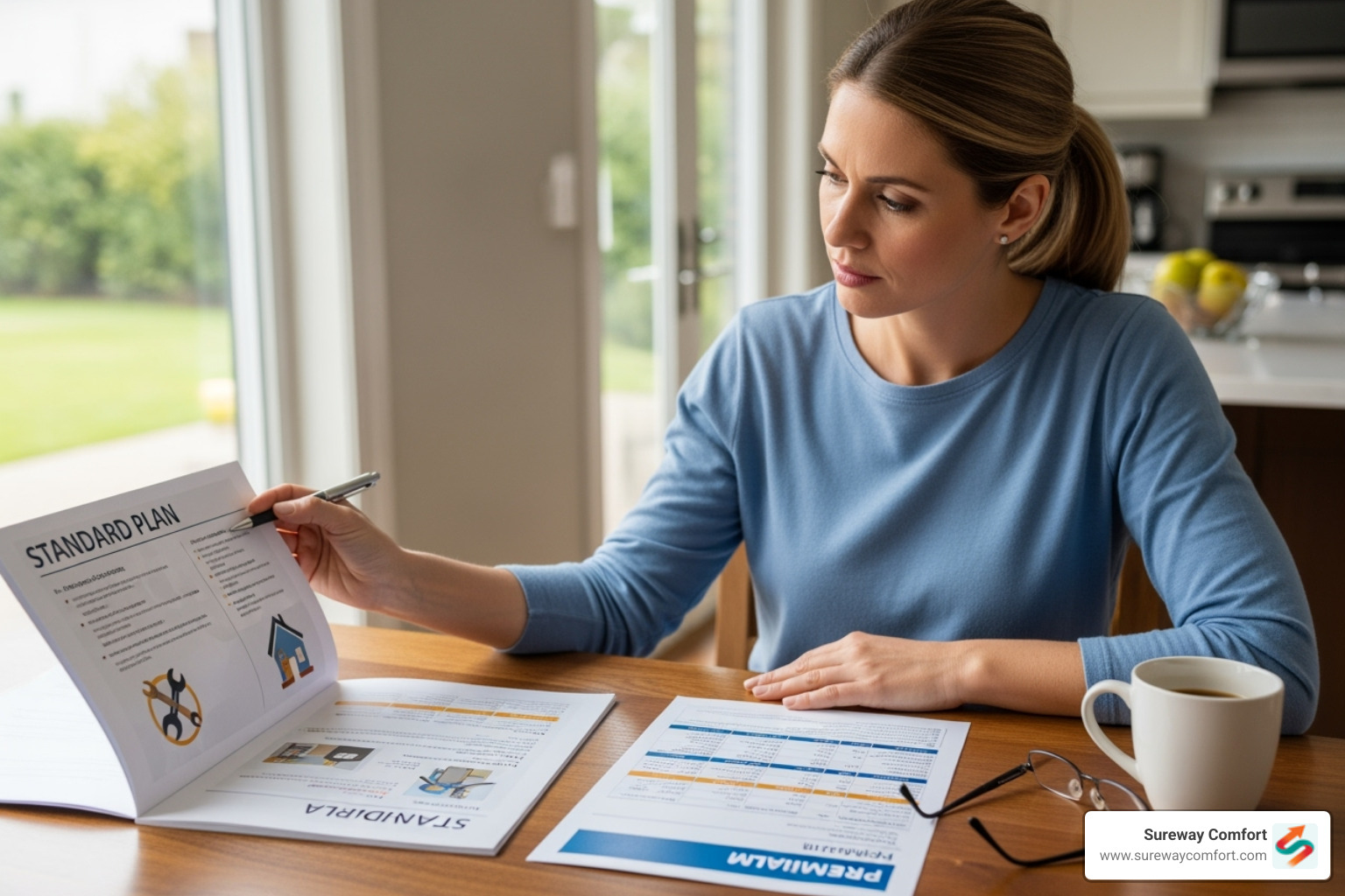 A homeowner comparing two different maintenance plan brochures - HVAC maintenance plans