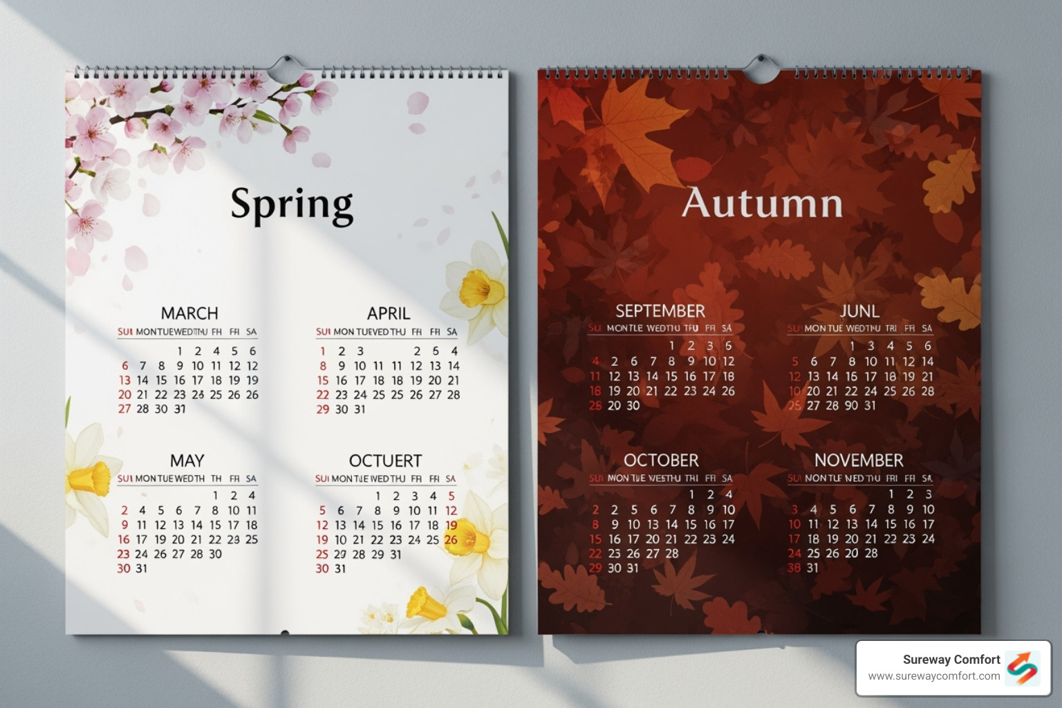 calendar with spring and fall highlighted for HVAC service - seasonal HVAC tune-up calendar with spring and fall highlighted for HVAC service - seasonal HVAC tune-up