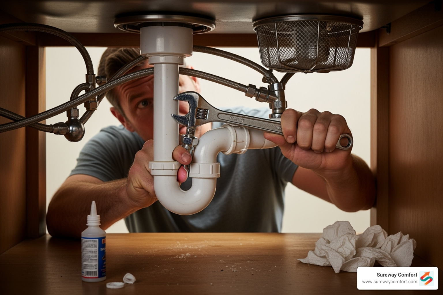 Homeowner carefully tightening a faucet connection under a sink - plumbing fixture installation