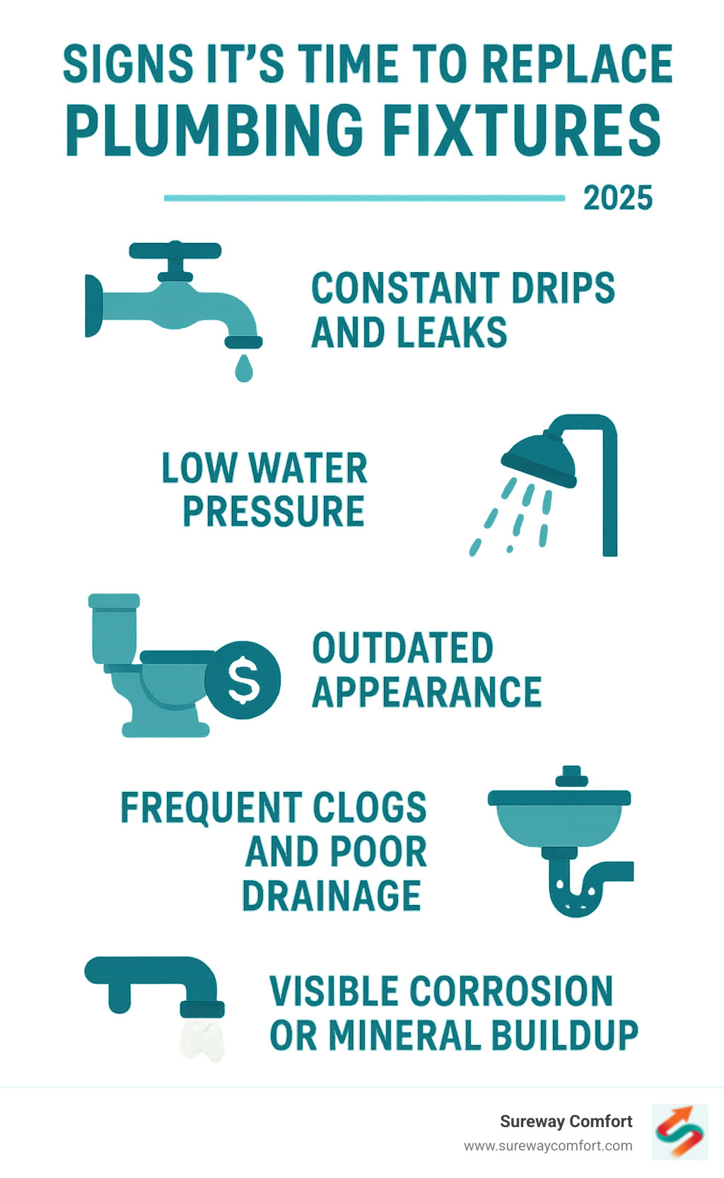 Detailed infographic showing 5 clear signs it's time to replace plumbing fixtures: constant drips and leaks, low water pressure, outdated appearance affecting home value, frequent clogs and poor drainage, and visible corrosion or mineral buildup - plumbing fixture installation infographic 