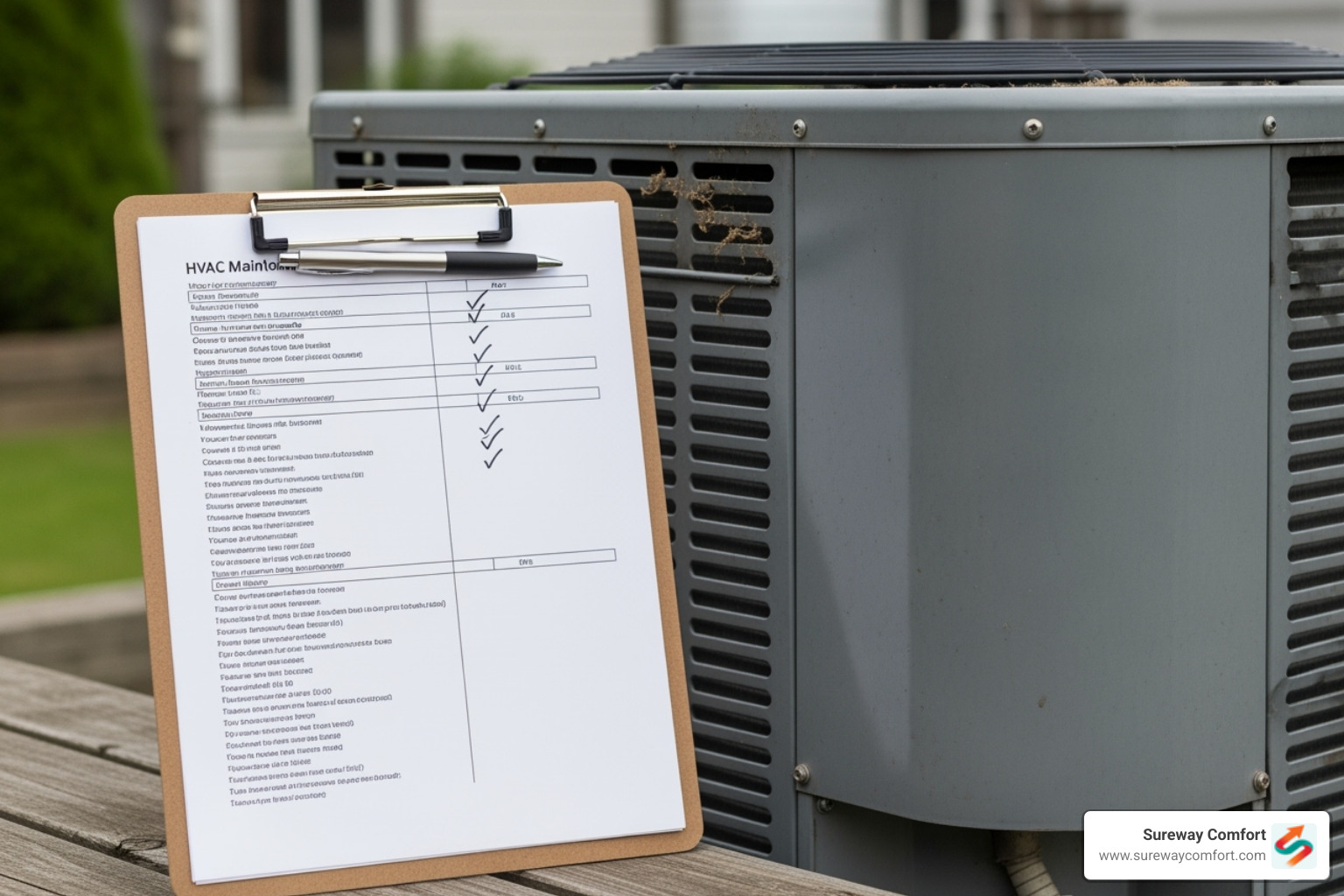 checklist on clipboard next to an HVAC unit - hvac maintenance plans
