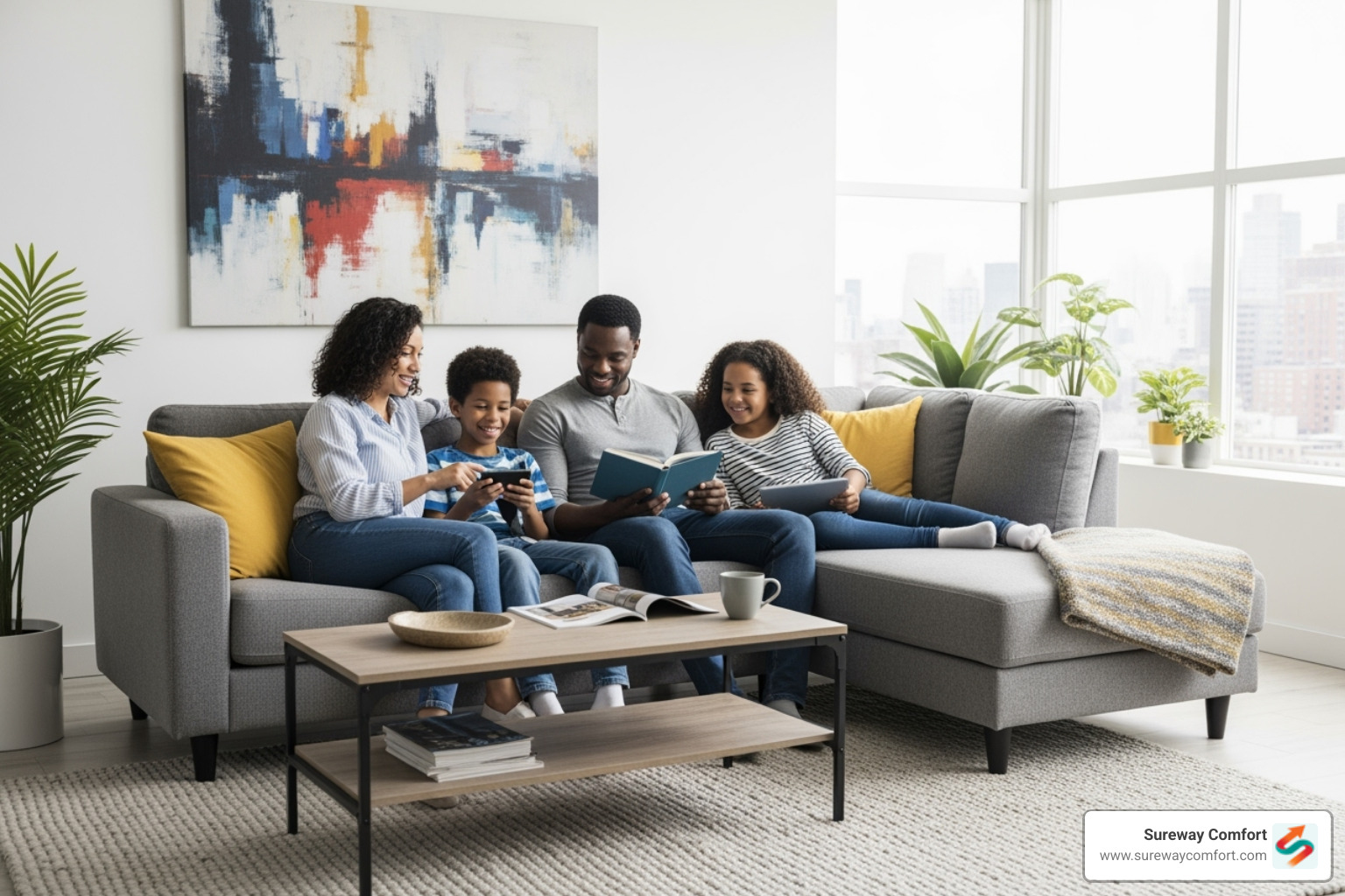 family relaxing comfortably in their living room - hvac maintenance plans