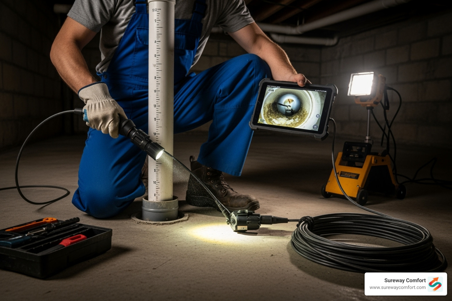Plumber performing a video camera inspection of a pipe with a tablet - Hydro jetting Canonsburg Plumber performing a video camera inspection of a pipe with a tablet - Hydro jetting Canonsburg