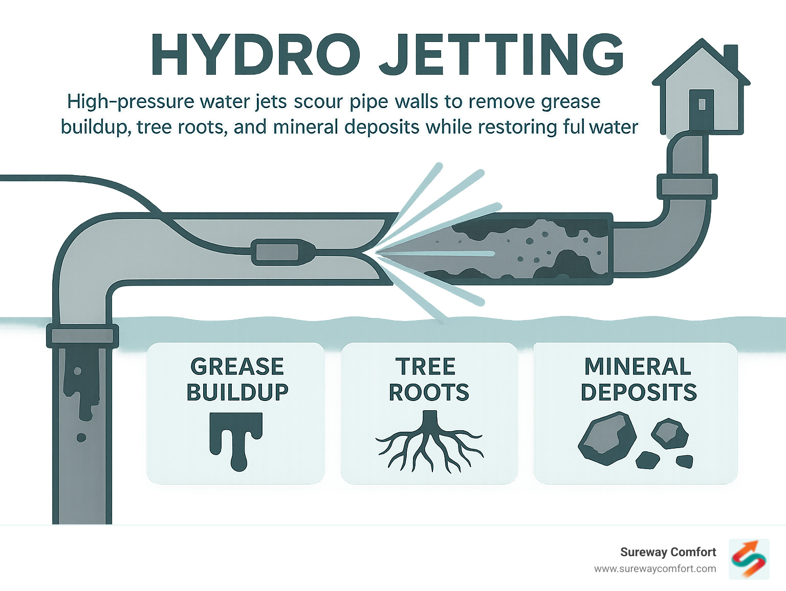 Infographic showing high-pressure water jets scouring pipe walls to remove grease buildup, tree roots, and mineral deposits while restoring full water flow through residential plumbing systems - Hydro jetting Canonsburg infographic Infographic showing high-pressure water jets scouring pipe walls to remove grease buildup, tree roots, and mineral deposits while restoring full water flow through residential plumbing systems - Hydro jetting Canonsburg infographic