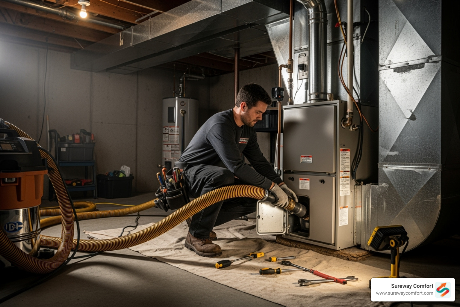 professional technician setting up a large vacuum hose connected to a furnace - air duct cleaning professional technician setting up a large vacuum hose connected to a furnace - air duct cleaning