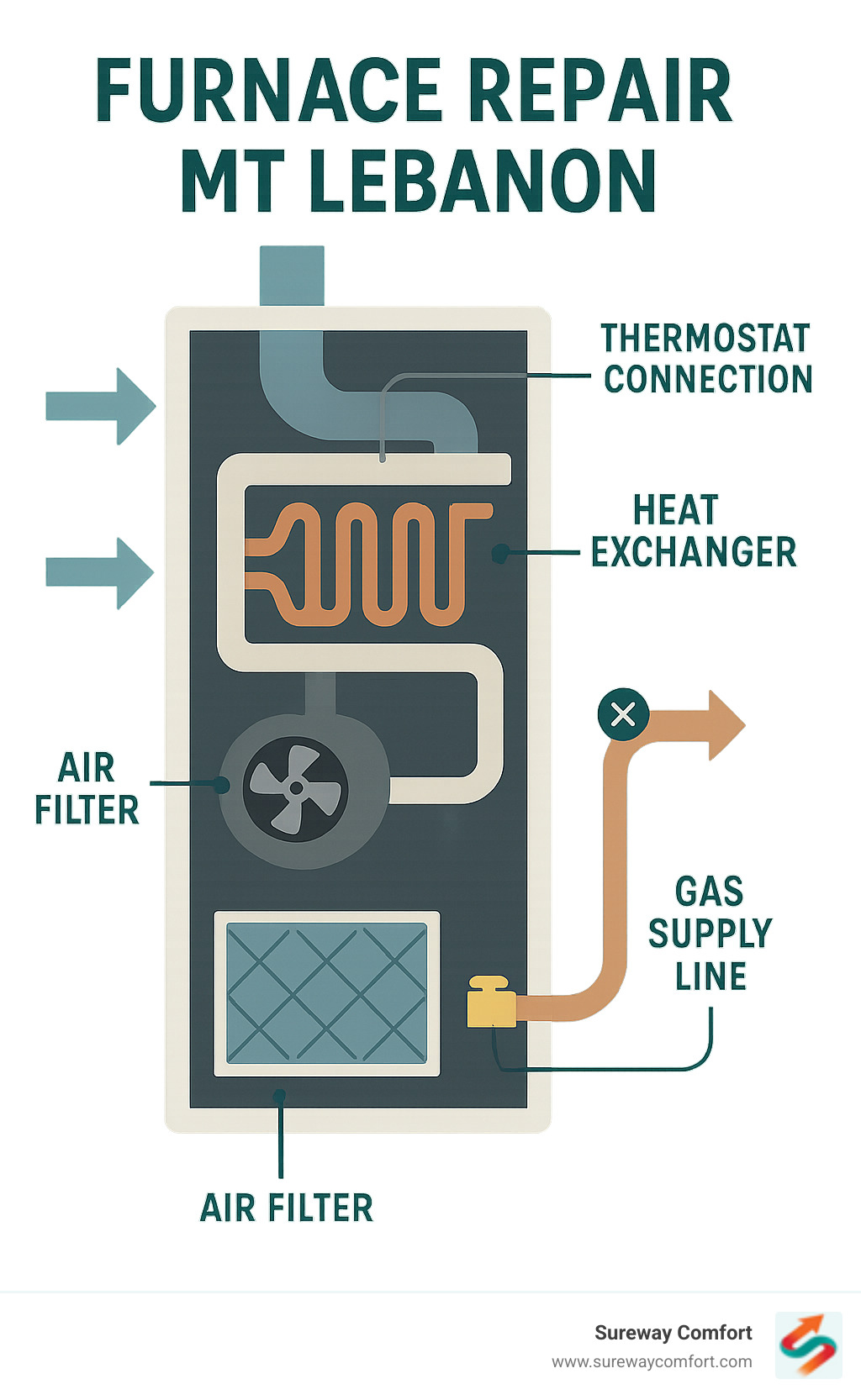 Infographic showing the basic components of a home furnace system including the heat exchanger, blower motor, air filter, thermostat connection, and gas supply line, with arrows indicating airflow through the system and common failure points highlighted - furnace repair Mt Lebanon infographic  Infographic showing the basic components of a home furnace system including the heat exchanger, blower motor, air filter, thermostat connection, and gas supply line, with arrows indicating airflow through the system and common failure points highlighted - furnace repair Mt Lebanon infographic
