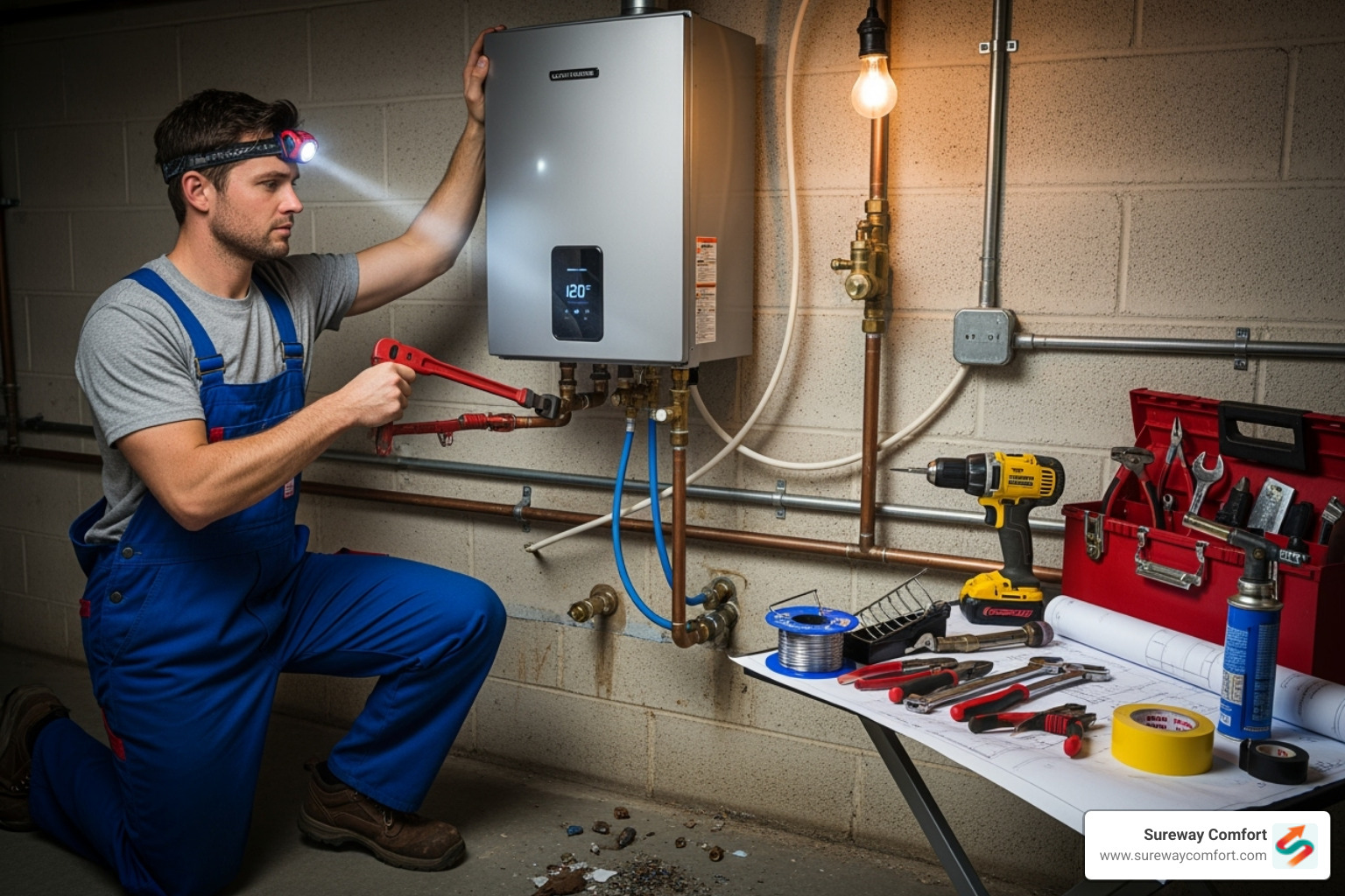 plumber working on tankless water heater - Expert plumbing service