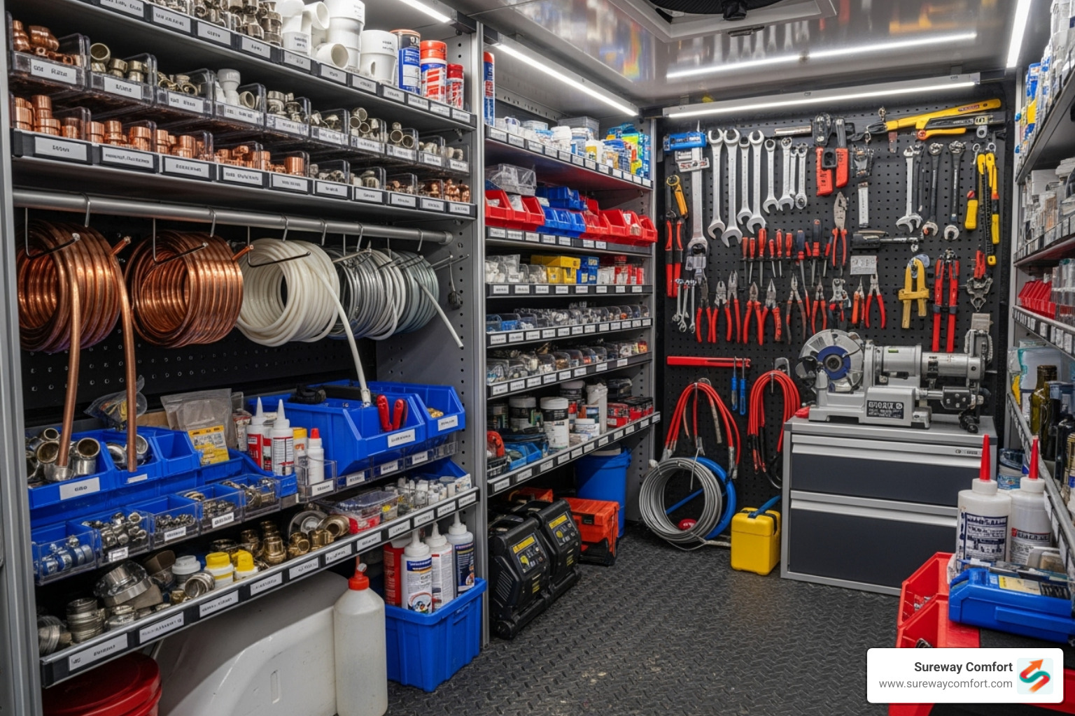inside of well-stocked plumbing service vehicle - Expert plumbing service