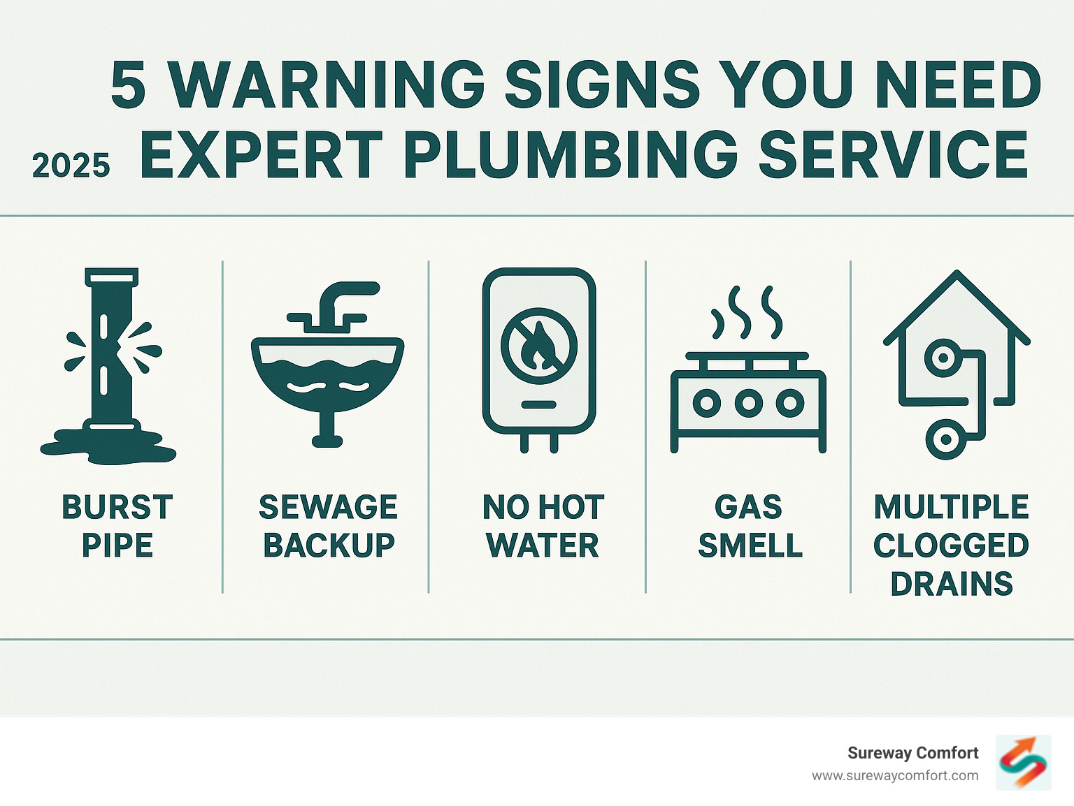 Infographic showing 5 warning signs requiring immediate plumber attention: burst pipes with visible water damage, sewage backup in drains, no hot water from water heater, gas smell near appliances, and multiple clogged drains throughout house - Expert plumbing service infographic 
