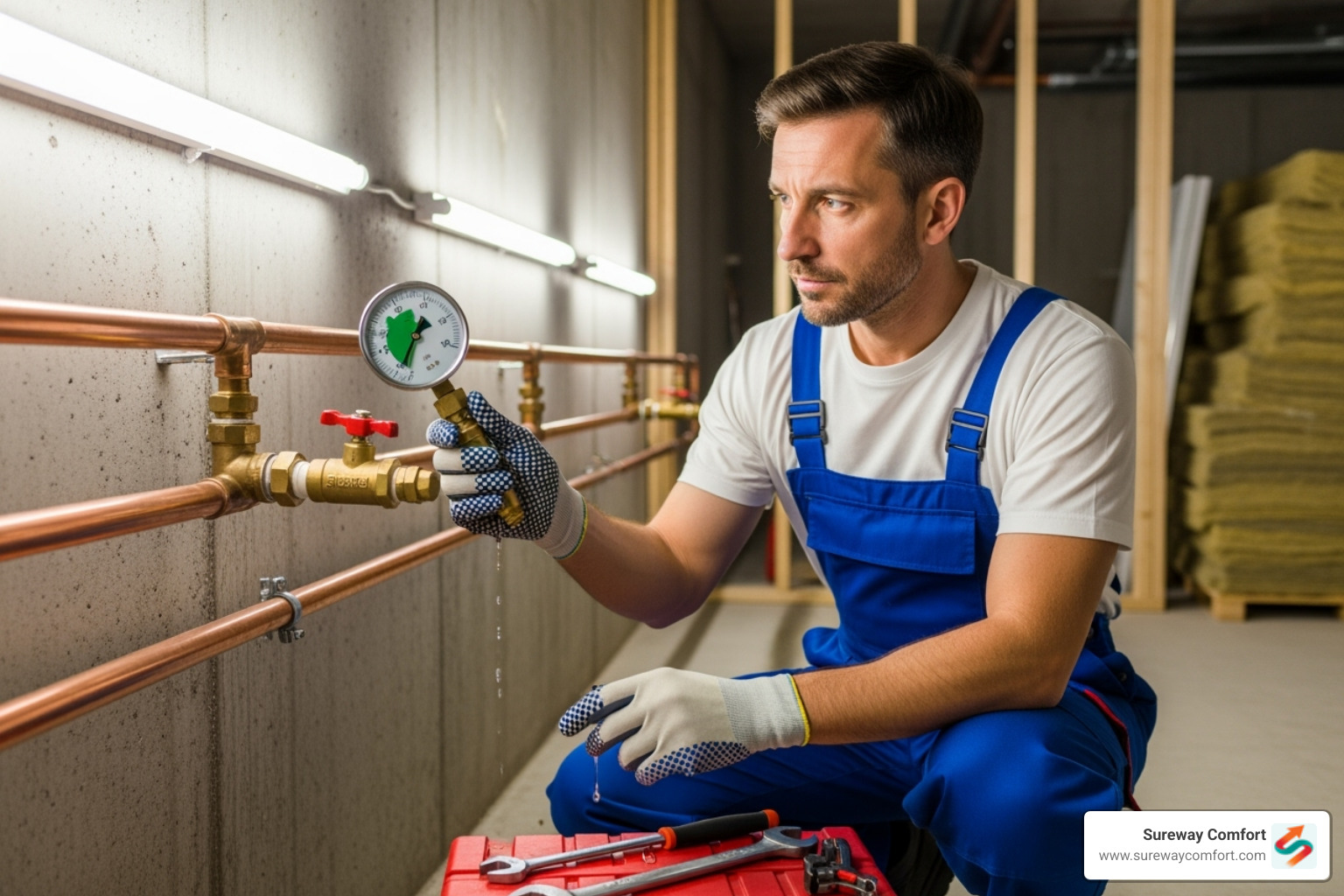 A plumber performing a quality check on newly installed pipes with a pressure gauge - new plumbing installation