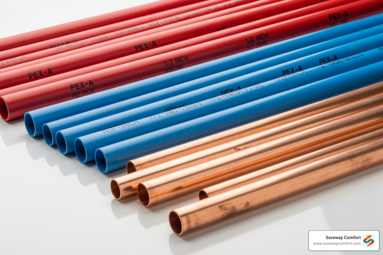 Different types of plumbing pipes laid out, including PEX (red and blue) and Copper - new plumbing installation