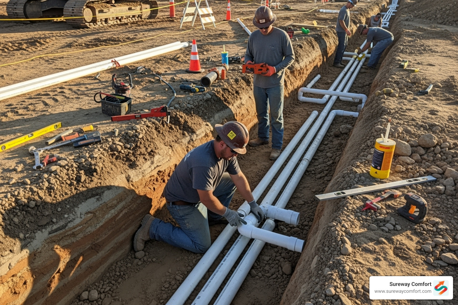 Plumbers working on the underground rough-in phase, laying pipes in trenches - new plumbing installation