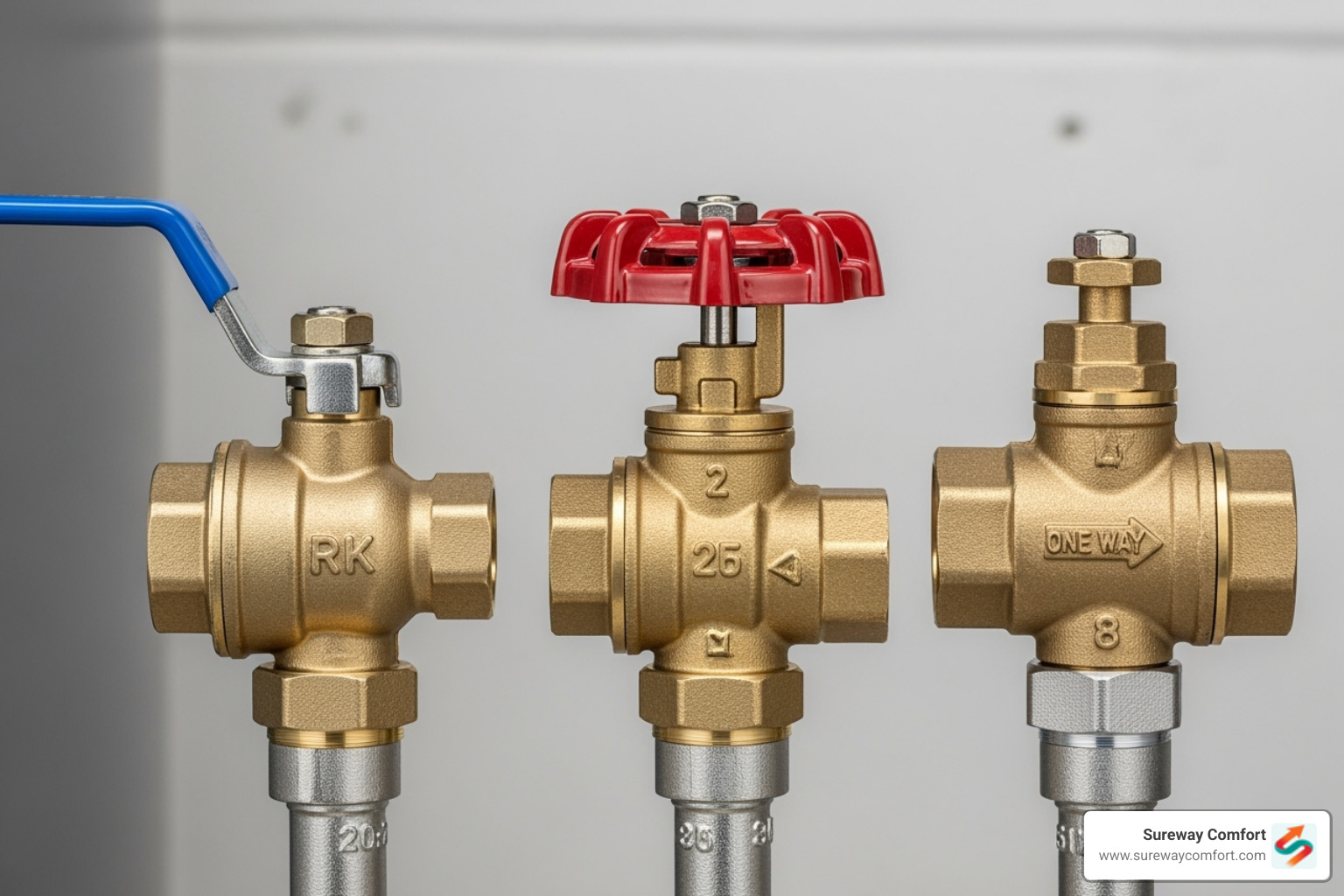 Image of different types of tankless water heater valves (ball, gate, check) - tankless water heater valve