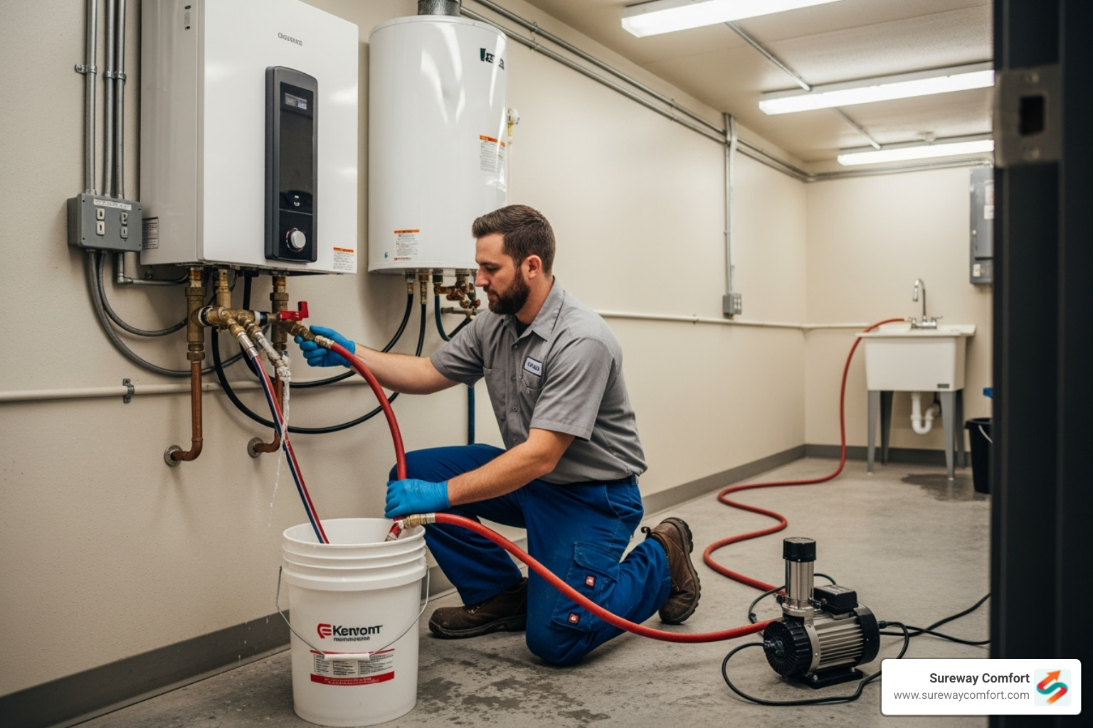Technician flushing a tankless water heater using service valves - tankless water heater valve