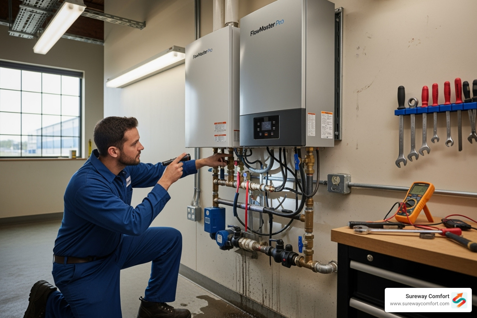 Sureway Comfort technician inspecting a commercial plumbing system - tankless water heater valve