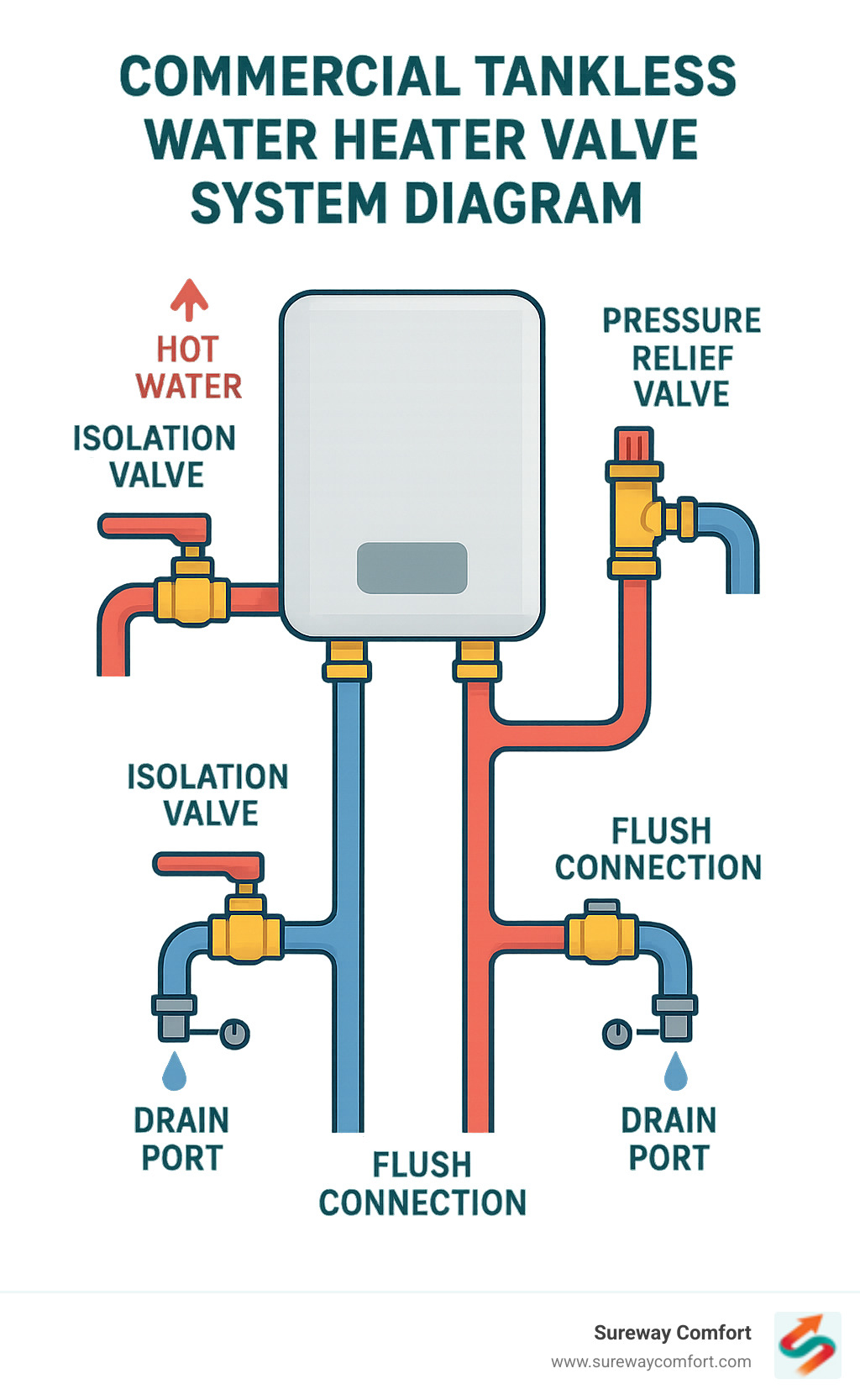 Commercial tankless water heater valve system diagram showing isolation valves on hot and cold water lines, pressure relief valve, drain ports, and flush connections for maintenance access - tankless water heater valve infographic 