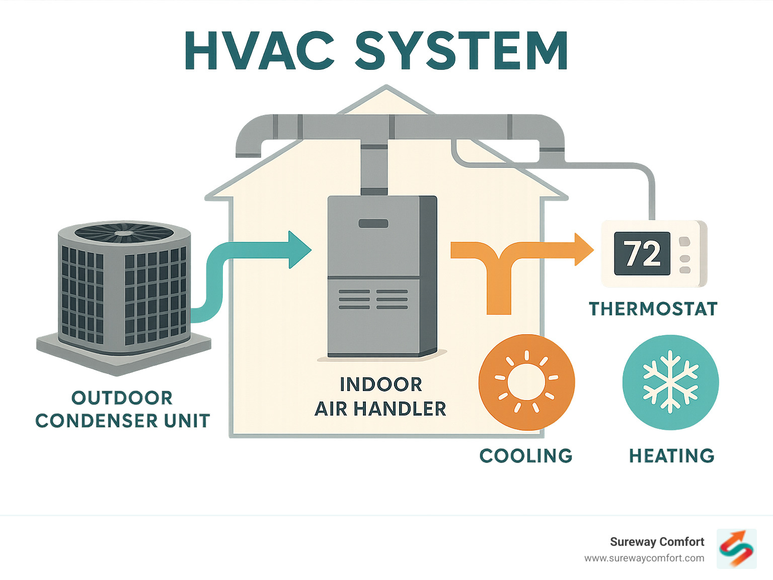 Detailed infographic showing the components and operation of a residential HVAC system including outdoor condenser unit, indoor air handler, ductwork distribution, thermostat controls, and seasonal heating and cooling cycles - hvac bridgeville pa infographic 