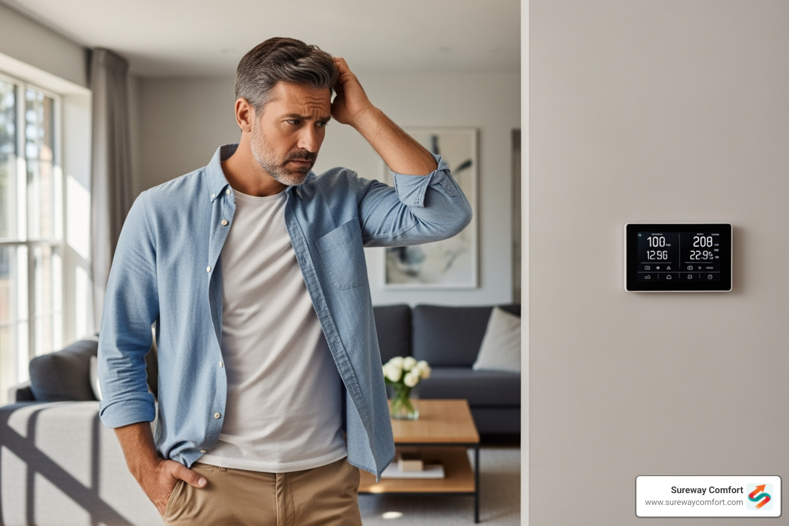 Homeowner looking quizzically at a thermostat - hvac bridgeville pa