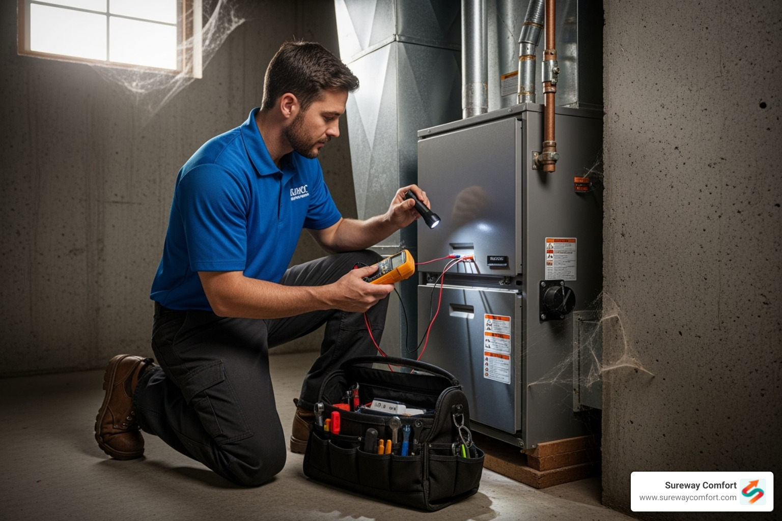 Technician performing a tune-up on a furnace - hvac bridgeville pa