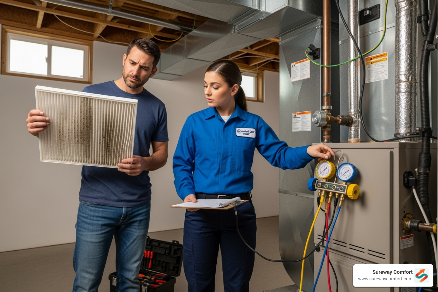 homeowner inspecting air filter next to professional technician checking gauges - hvac system check