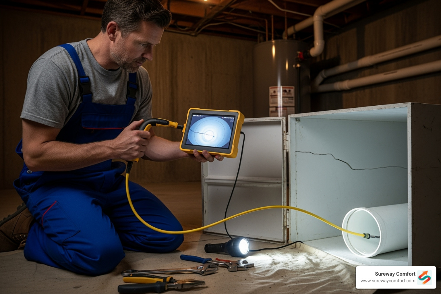 professional plumber performing a video camera inspection of a pipe - Clogged drain Canonsburg