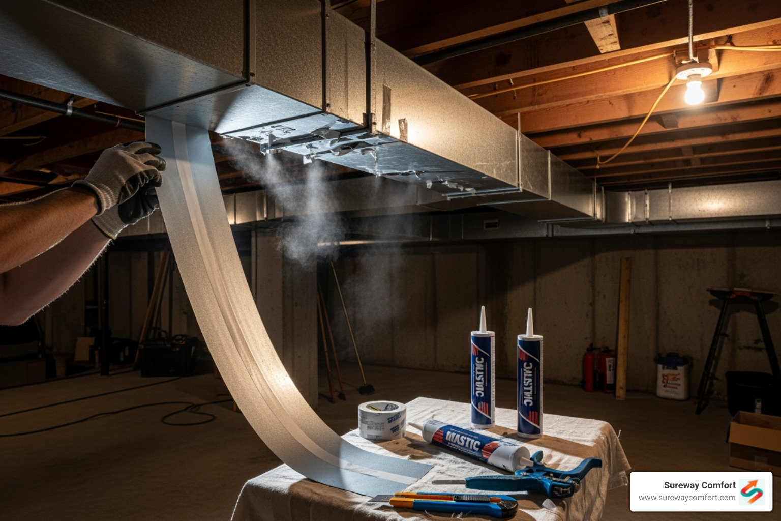 leaky ductwork in a basement sealed with mastic tape - furnace blowing cold air