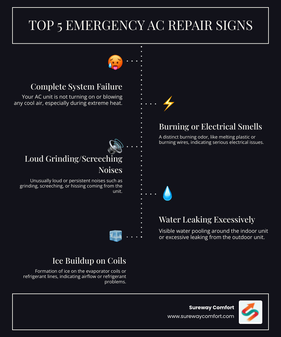 Signs of HVAC emergency including burning smells, strange noises, water leaks, electrical issues, and complete system failure with temperature readings and safety warnings - emergency AC repair infographic infographic-line-5-steps-dark